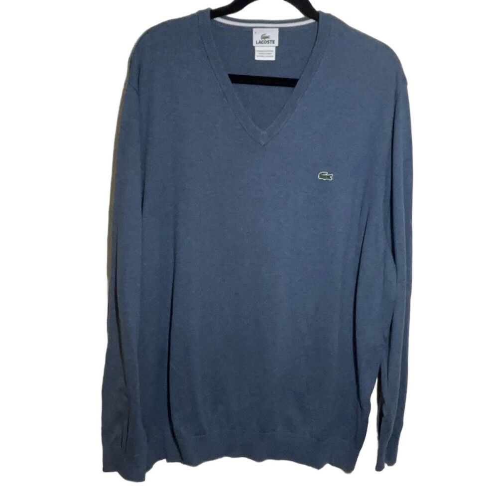 LACOSTE Men's V-Neck Sweater 3XL Blue Cotton Pullover Knit Long Sleeve Solid